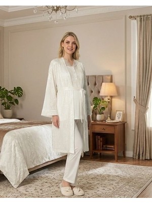 Aesco Bone 6201 Kadın Jakar Saten Sabahlıklı Lohusa Pijama Takımı