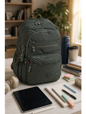 İmaks Büyük Boy 47 cm Krinkıl Su Geçirmez Hafif Çok Gözlü Spor, Seyahat, Okul, Laptop Sırt Çantası Desenli Yeşil  9-1b