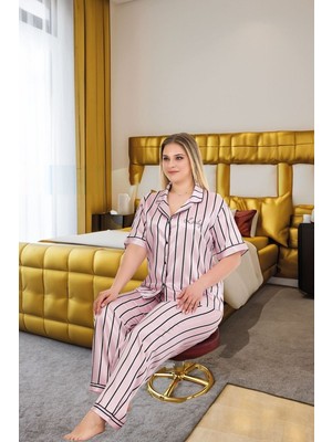 Aesco Büyük Beden Şık Tasarım Pembe Siyah Çizgili Düğmeli Kısa Kol Lüx Saten Pijama Takımı