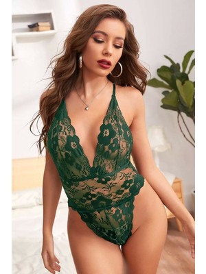 Aesco Kadın Yeşil Zarif Dantel Sırtı Ip Askılı Babydoll Gecelik
