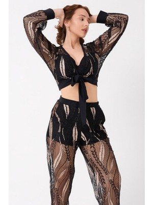 Aesco Bralet Sütyen Transparan Gömlek ve Pantolon Takım Siyah
