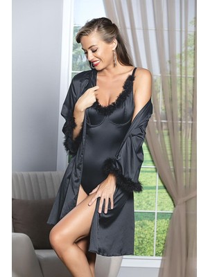 Aesco Kuşaklı Mini Boy Saten Sabahlık Siyah