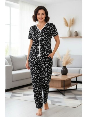 Aesco Kadın Siyah Beyaz Kalp Desenli Kısa Kollu Şık Pijama Takımı