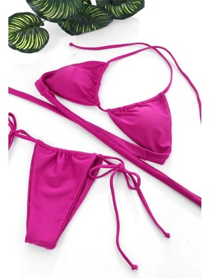 Aesco Kadın Fuşya Üçgen Bikini Takımı Yandan Bağlamalı Tangalı Canlı Renk Şık Mayo Seti