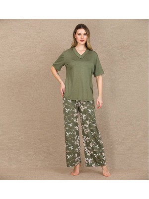 Aesco Şık Tasarım Çiçek Desenli Yeşil Kısa Kol Viskon Pijama Takımı