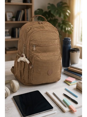 İmaks Büyük Boy 47 cm Krinkıl Su Geçirmez Hafif Çok Gözlü Spor, Seyahat, Okul, Laptop Sırt Çantası Taba 9-1b
