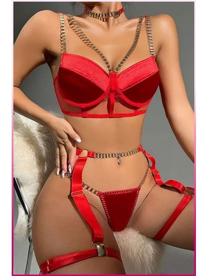 Aesco Kırmızı Merdüven Zincirli Göğüs Balenli Kadın Seksi Jartiyer Takım