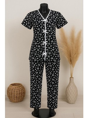 Aesco Kadın Siyah Beyaz Kalp Desenli Fiyonklu Kısa Kollu Pijama Takımı