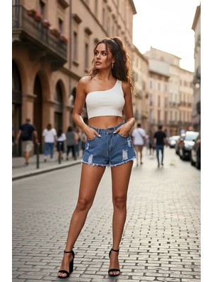 Aesco Kadın Beyaz Fit Görünümlü Tek Omuz Crop Top Büstiyer