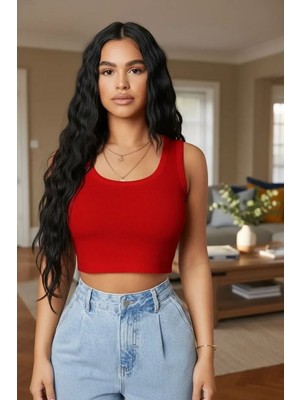 Aesco Kadın Kırmızı Modern Fit Kare Yaka Crop Top Bluz