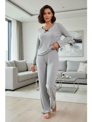 Aesco Kadın Gri Çizgili Fiyonk Detaylı Uzun Kollu Mevsimlik Pijama Takımı Premium Ev Giyim