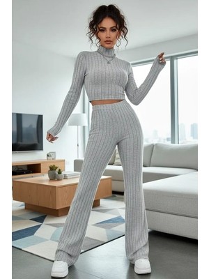Aesco Kadın Gri Çizgili Boğazlı Crop Top Yüksek Bel Pantolon Takım Şık 2’li Set