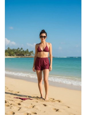 Aesco Bordo 3’lü Bikini Takımı Şortlu Yandan Bağlamalı Üçgen Üst Esnek Kadın Mayo