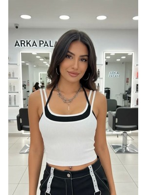 Aesco Kadın Beyaz Siyah Çift Renk Çapraz Askılı Crop Top Bluz Şık Esnek