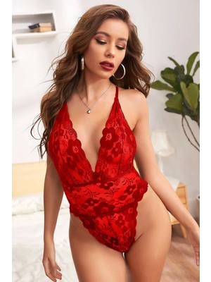 Aesco Kadın Kırmızı Zarif Dantel Sırtı Ip Askılı Babydoll Gecelik