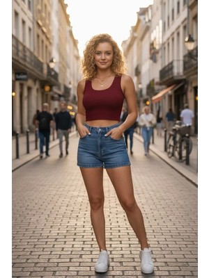 Aesco Kadın Bordo Modern Fit Kare Yaka Crop Top Bluz