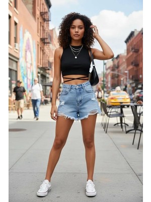 Aesco Kadın Siyah Modern Fit Çapraz Bağlamalı Crop Top Büstiyer