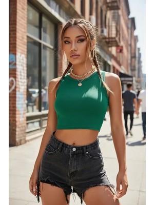 Aesco Kadın Yeşil Modern Fit Kare Yaka Crop Top Bluz