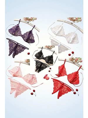 Aesco 5’li Dantelli Sütyen Külot Takımı Seti Şık Transparan Esnek Kumaş Kadın Iç Giyim