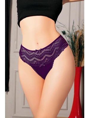 Aesco Büyük Beden Bel Kısmı Dantelli Fantezi Mor Tanga String