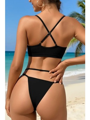 Aesco Siyah File Detaylı Şık Bikini Takımı Yüksek Bel Esnek Kumaş Yazlık Kadın Mayo Seti