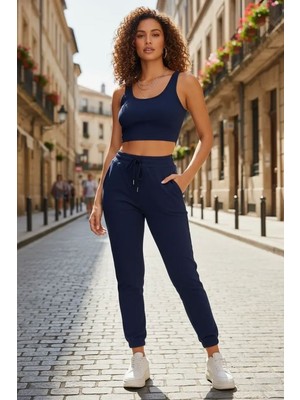 Aesco Kadın Laciver Premium Görünümlü Kaşkorse Cepli Jogger Eşofman Altı ve Crop Top Bluz Takımı