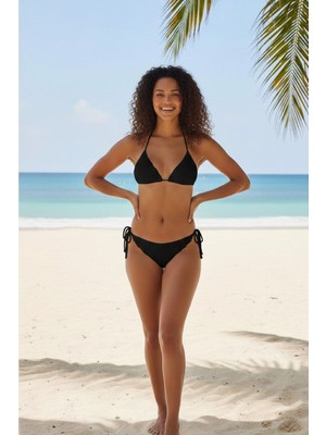 Aesco Kadın Siyah Pedli Bel ve Boyundan Bağlamalı Dantelli Şık Bikini Takımı