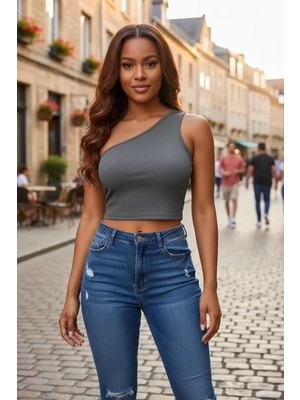 Aesco Kadın Koyu Gri Fit Görünümlü Tek Omuz Crop Top Büstiyer