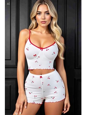 Aesco Kadın Vişne Motifli Dantel Askılı Şortlu Rahat Pijama Takımı