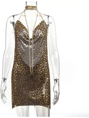 Aesco Kadın Leopard  Zincir Askılı Parlak Taşlı Gece Elbisesi Sırt Dekolteli Mini Parti Elbisesi Clubwear,parti Club Elbisesi