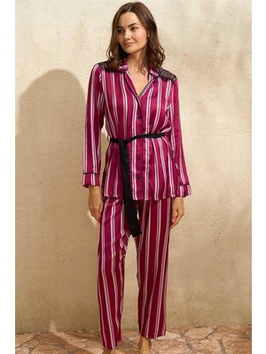 Aesco Saten Çizgili Düğmeli Uzun Kol Dantelli Gömlek ve Pantolon Pijama Takım (9765)