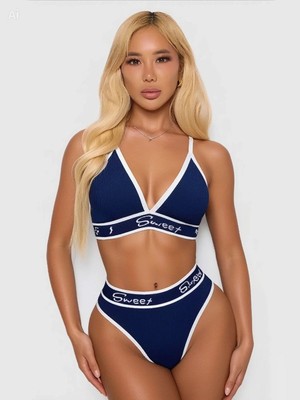Aesco Kadın Lacivert Love Yazılı Mayo Bikini Şık Esnek Kumaş Plaj Giyim Özel Tasarım