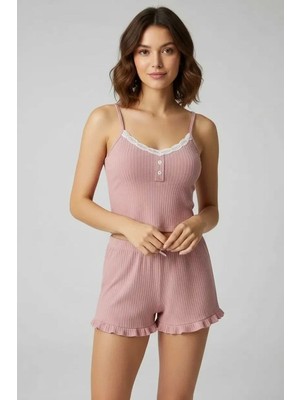 Aesco Kadın Pudra Dantel Detaylı Şortlu Gecelik Pijama Takımı Şık Rahat 2’li Set