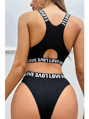 Aesco Kadın Siyah Çapraz Sırt ve Love Lastik Detaylı Şık Sütyen Külot Takımı Premium Iç Giyim