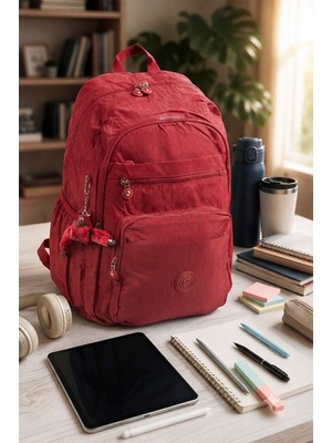 İmaks Büyük Boy 47 cm Krinkıl Su Geçirmez Hafif Çok Gözlü Spor, Seyahat, Okul, Laptop Sırt Çantası Kırmızı 9-1b