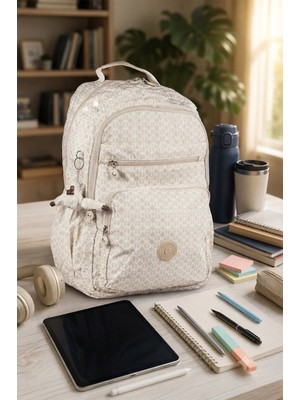 İmaks Büyük Boy 47 cm Krinkıl Su Geçirmez Hafif Çok Gözlü Spor, Seyahat, Okul, Laptop Sırt Çantası Desenli Krem 9-1b