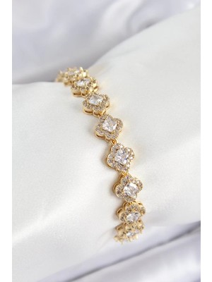 Uslucan Alışveriş Pirinç Zirkon Taşlı Yonca Baget Model Gold Renk Vıp Seri Kadın Bileklik - TJ-BB7510