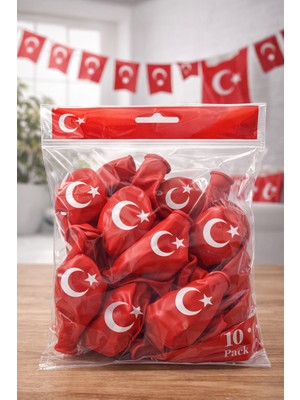 Bezos Ayyıldızlı Kırmızı Balon Seti Türk Bayraklı Parti Balonu Dayanıklı Latex Balon 10'lu Paket