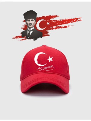 L'eivor Mustafa Kemal Atatürk & Ay Yıldız Bayrak Özel Tasarım Baskılı Kırmızı Çıt Çıtlı Şapka