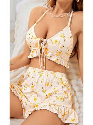 Bezos Kadın Çiçekli Ekru Askılı Şortlu Pijama Takım 5017