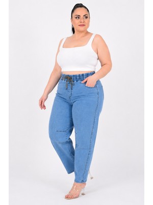 Zanessi Büyük Beden Beli Lastikli Cepli Likralı Denim Mom Kesim Kadın Pantolon