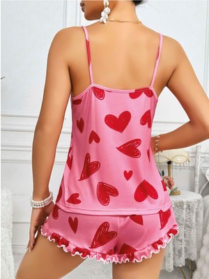 Bezos Kadın Pembe Kalp Baskılı Şortlu Gecelik Pijama Takımı 5050