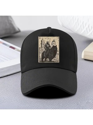 L'eivor Kedi & Şovalye Baskılı Siyah Çıt Çıtlı Şapka