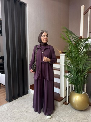 Esra Butik Tensel Doğal Pike Kumaş Mürdüm 3'lü Takım – Büyük Beden Uyumlu Etek Pantolon Tesettür Takımı