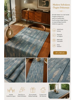 Balık Desenli Duck Kumaş Runner 47X166 cm – Hardal Renk Dekoratif Masa Örtüsü, Modern ve Şık Sofra Aksesuarı