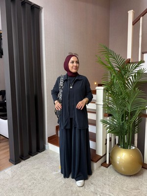 Esra Butik Tensel Doğal Pike Kumaş Mürdüm 3'lü Takım – Büyük Beden Uyumlu Etek Pantolon Tesettür Takımı