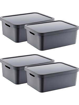 1001 4'lü Set Stafi Çok Amaçlı Kapaklı Kutu Antrasit 12 Lt - Antrasit, Çok Amaçlı Kapaklı Kutu,