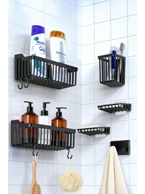 1001 Banyor 6'lı Banyo Seti Yapışkanlı Banyo Düzenleyici Şampuanlık Diş Fırçalık Sabunluk Ask�