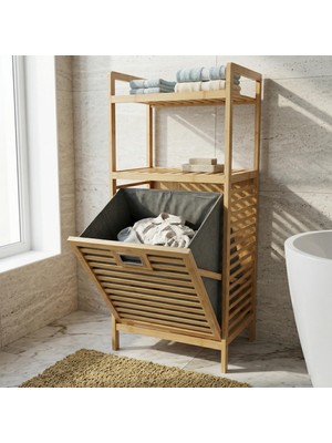1001 Doğal Bambu 2 Katlı Banyo Rafı ve Çamaşır Sepeti (40X30X95 Cm) - Açık Raflı Ahşap Düzenle
