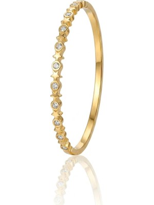 1001 Paslanmaz Çelik Gold Kadın Bilezik, Yıldız Zirkon Taşlı, 18CM Uzunluk, 6cm Çap, Yüksek Kalit
